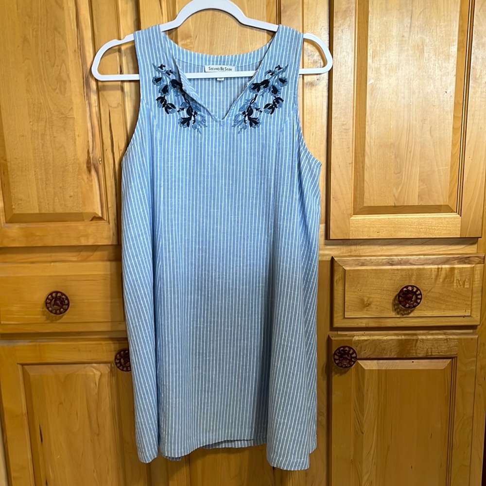 Blue and white striped dress with embroidery